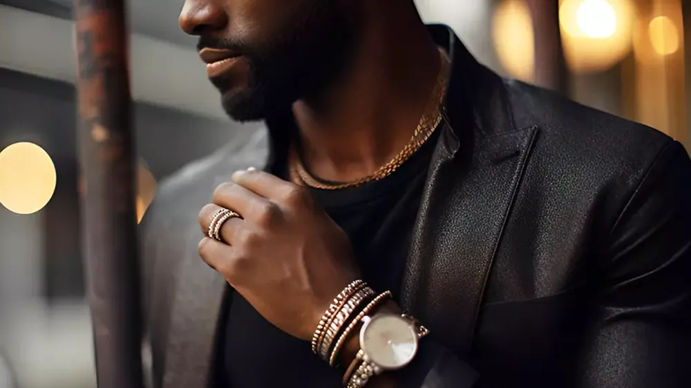 یک مرد میانسال با زنجیر، ساعت، دستبند و حلقهی طلا