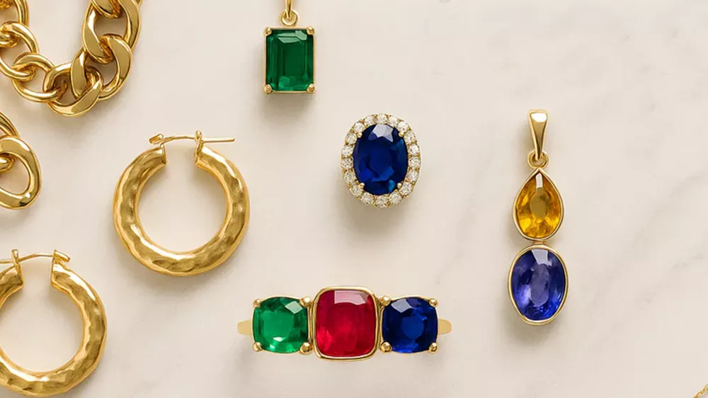 انگشترها و جواهرات با سنگهای رنگی شامل سنگهای قرمز، سبز و آبی