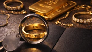 یک حلقه با کد ۷۵۰ و چند شمش طلا، زنجیر طلا و دستبند طلا