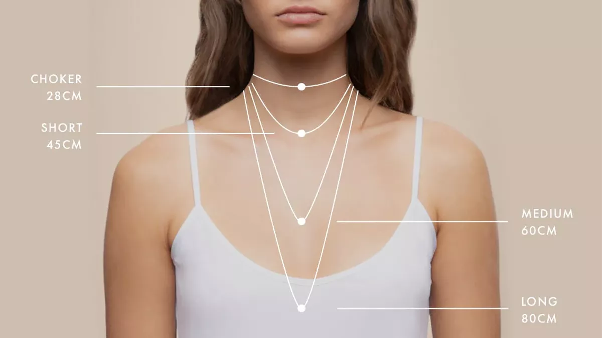 یک زن که سایزهای مختلف گردنبند از چوکر تا بلند روی گردنش مشخص شده با زمینه قهوهای