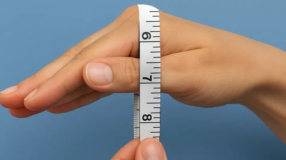 یک متر در حال اندازه گیری محیط یک دست با زمینه آبی