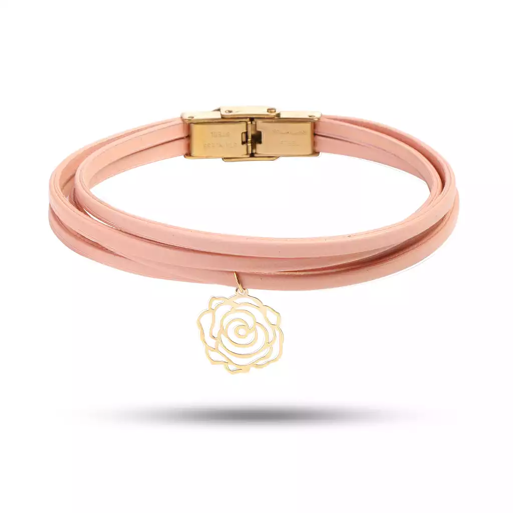 دستبند چرم  زنانه با آویز طلا گل توخالی