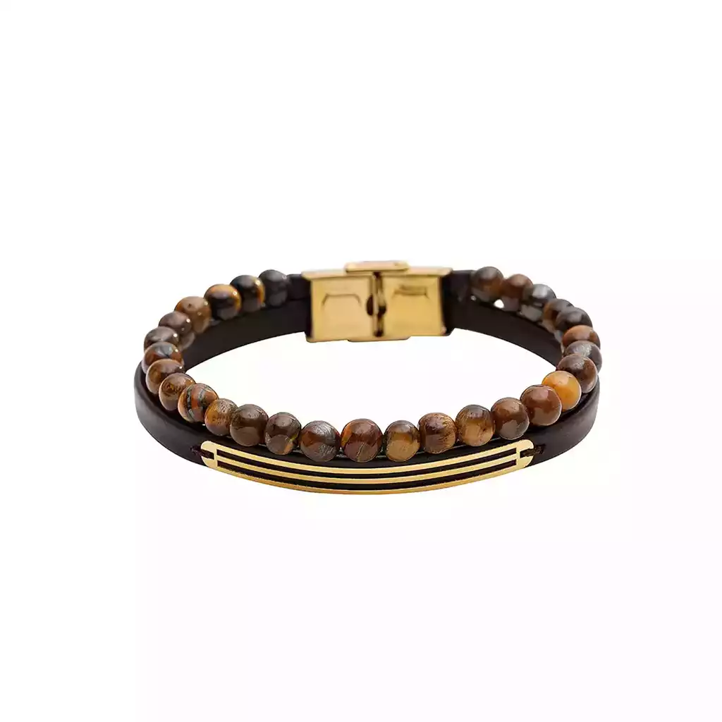 دستبند چرم سه خط و سنگ طلا