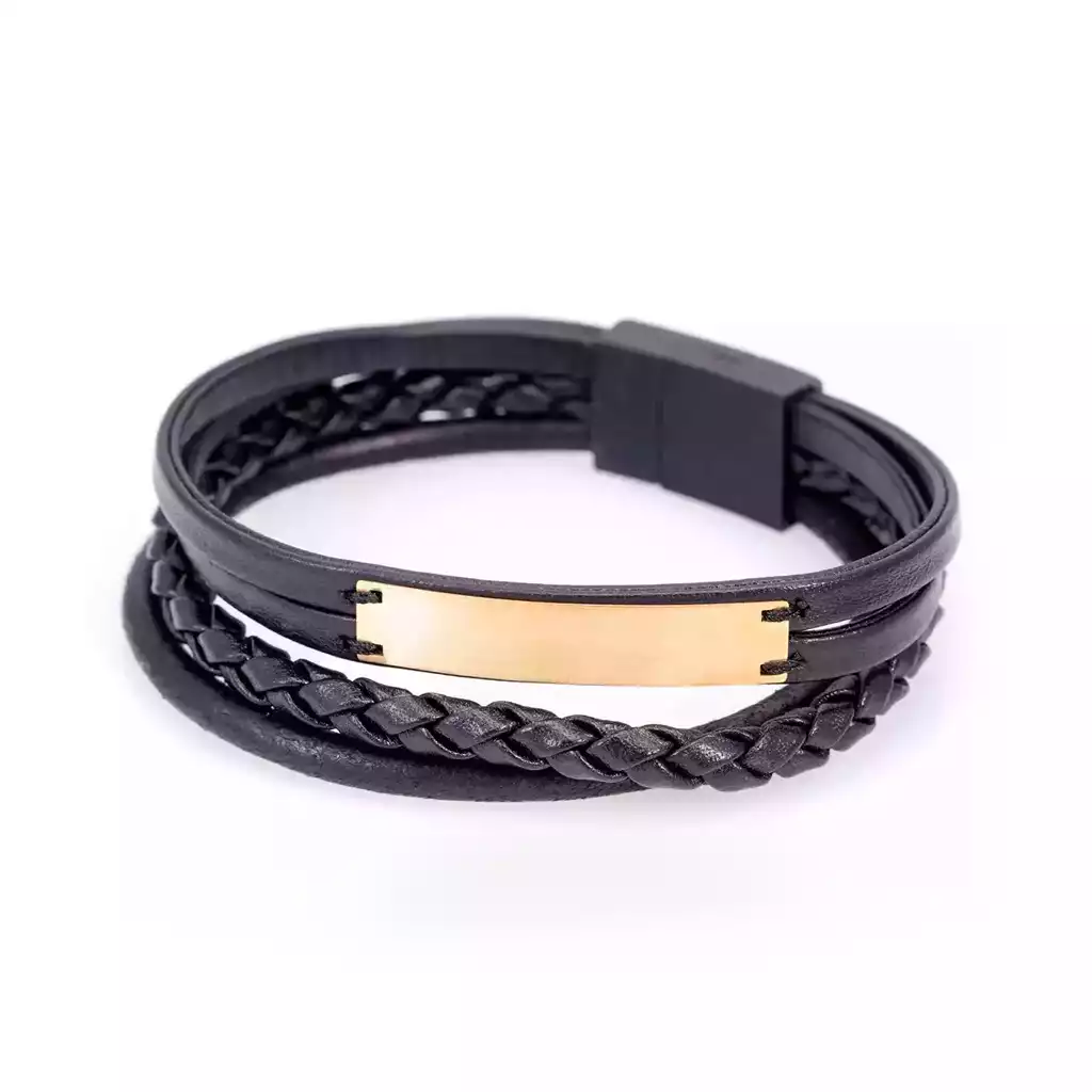 دستبند چرم و طلا با پلاک تخت