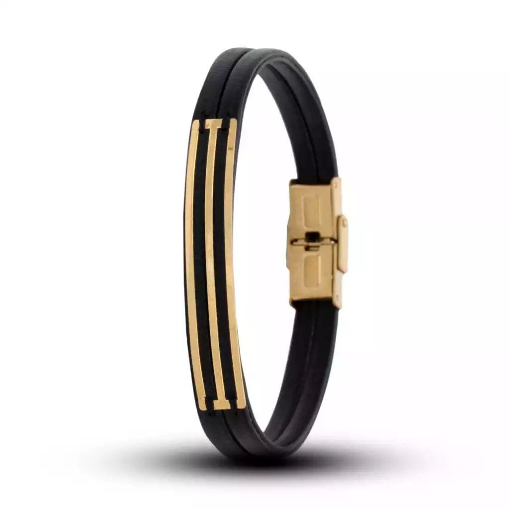 دستبند چرم و طلا مردانه سه خط