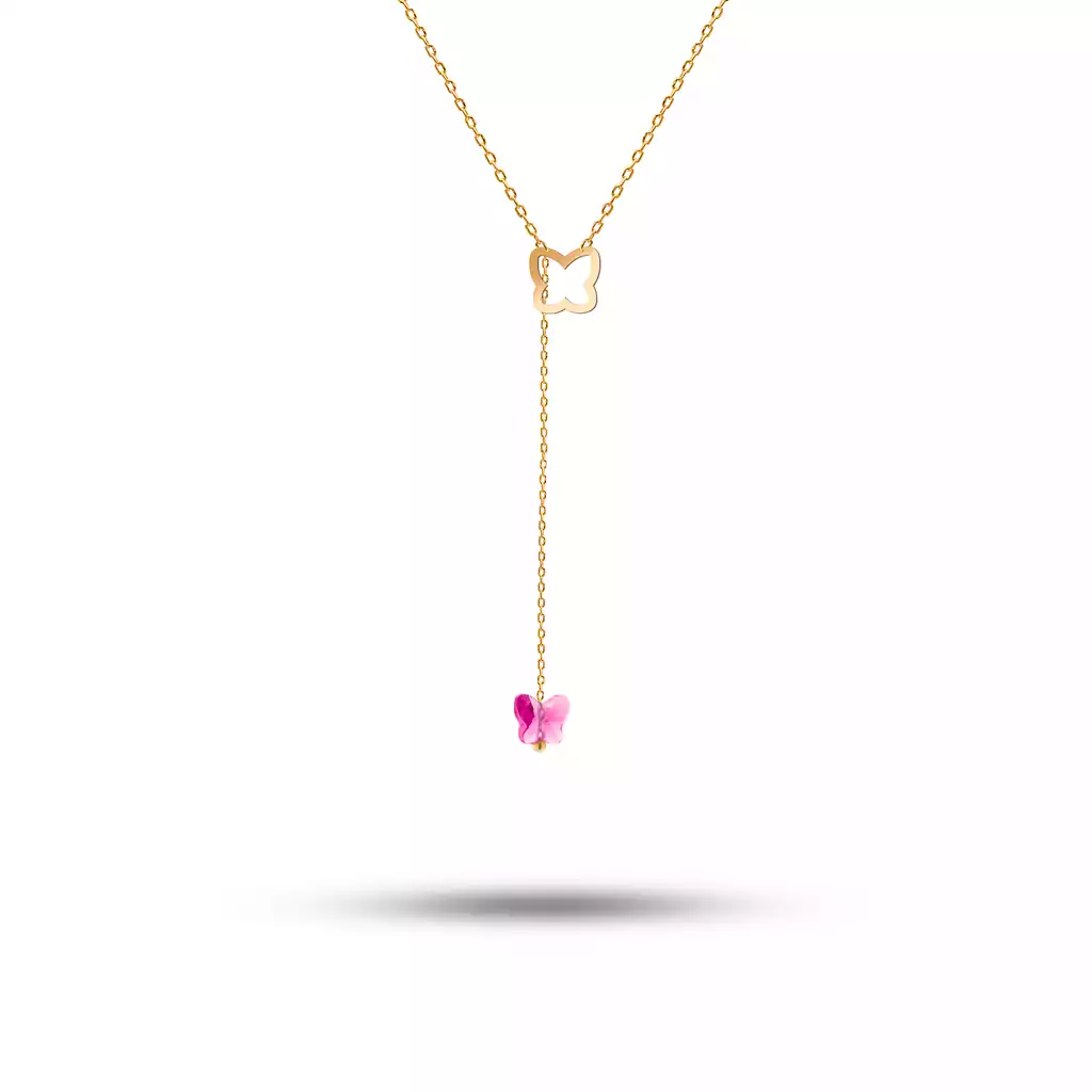 گردنبند طلا کرواتی پروانه با سنگ سواروسکی سرخابی