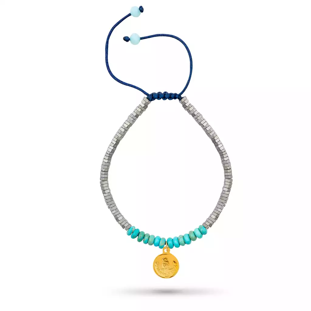 دستبند سنگی فیروزه با سکه طلا احمد شاهی