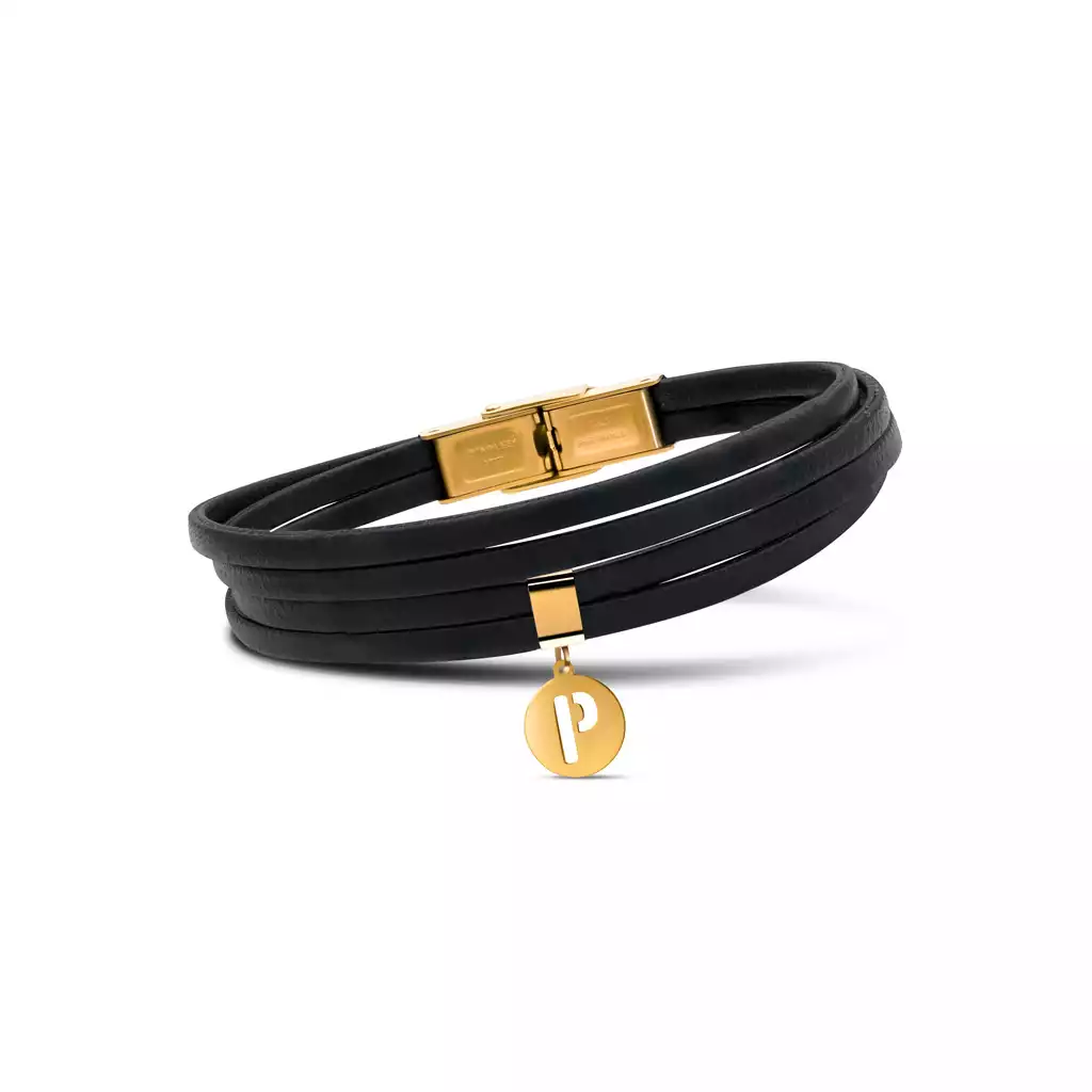 دستبند چرم و طلا حروف P