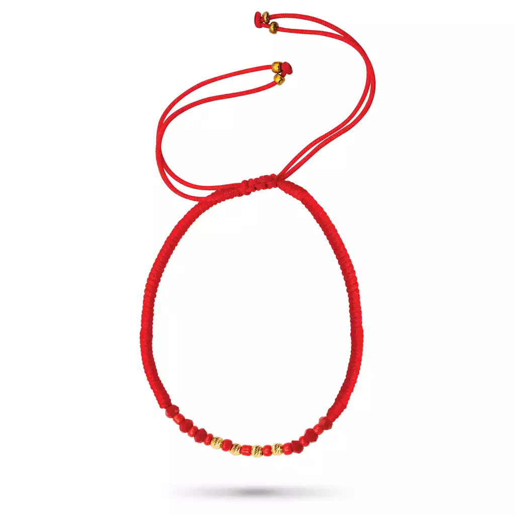 دستبند طلا بافت  و مهره قرمز