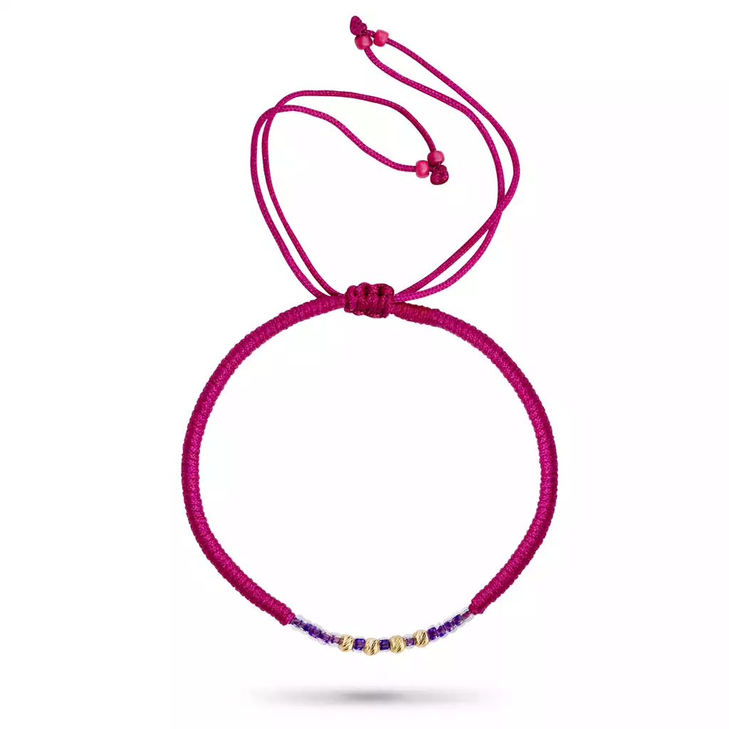 دستبند طلا بافت گوی و مهره بنفش