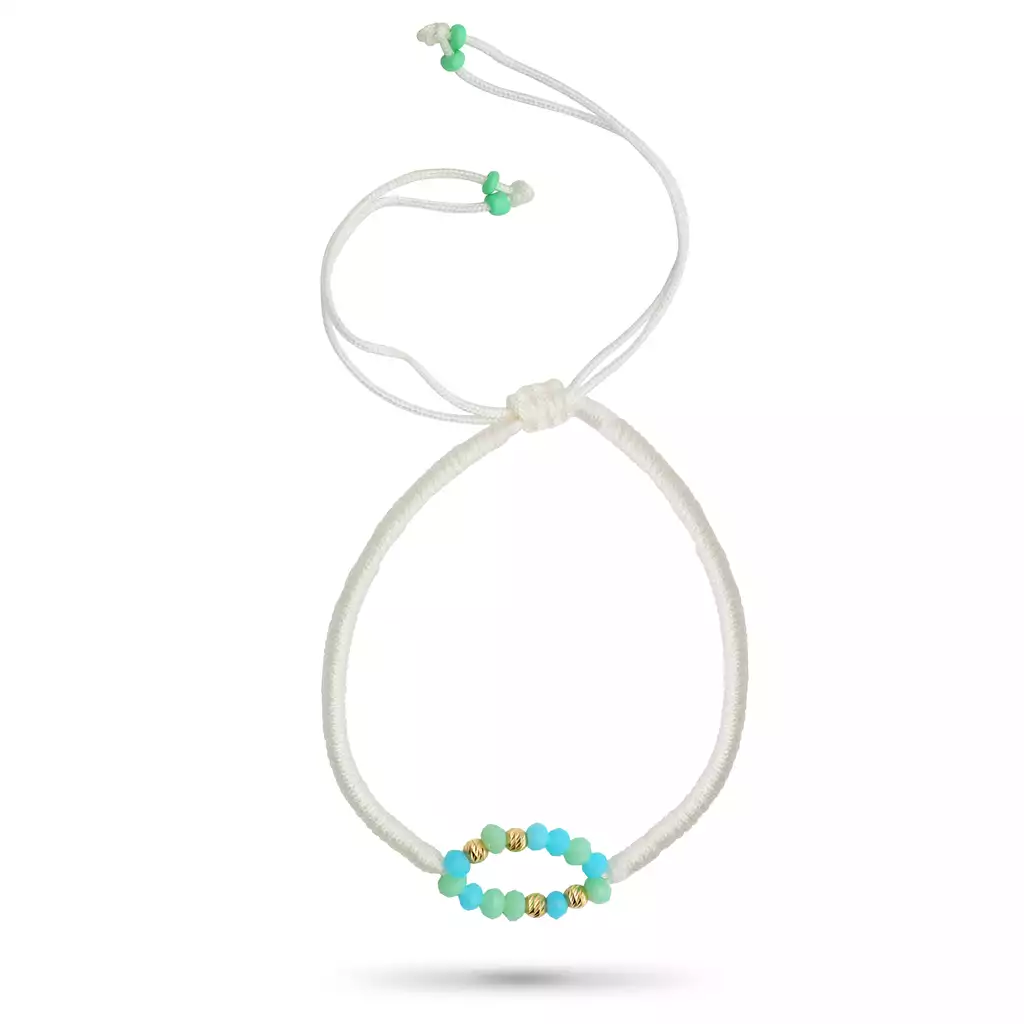 دستبند طلا بافت سفید و مهره سبز آبی